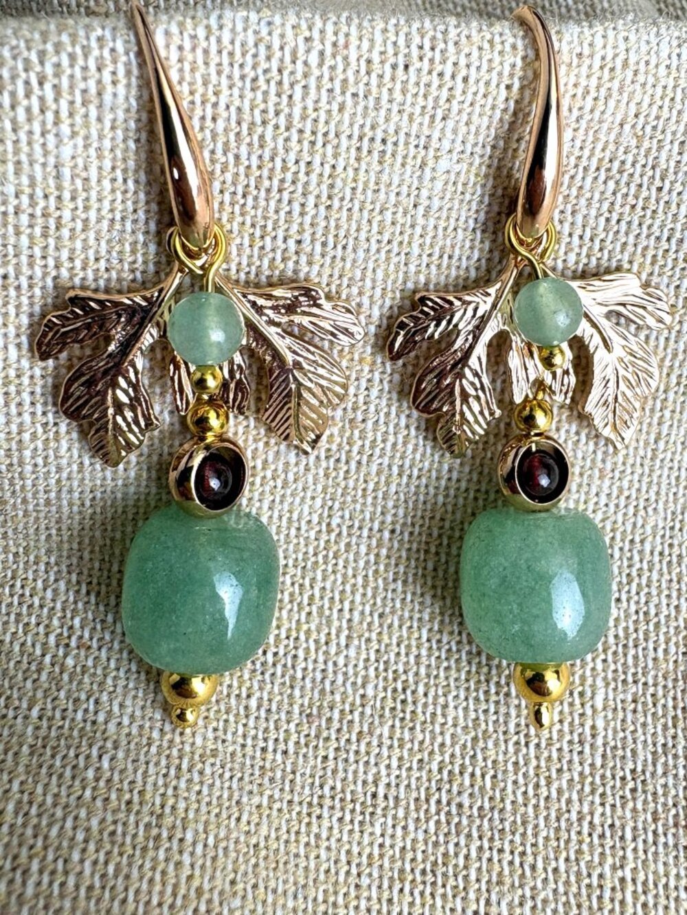 Gold Leaf Drop Earrings – Green & Red Stones - Nature Inspired
